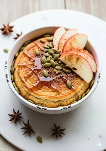 Baked protein pancake bowls topped with fruits and nuts in a fall setting