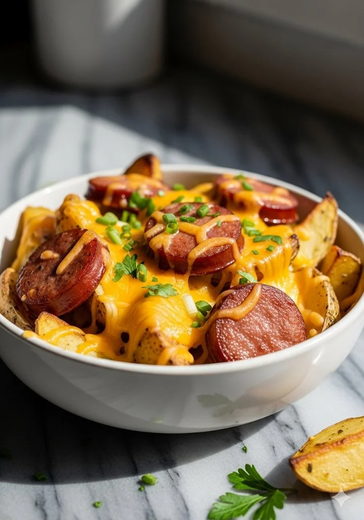 Cheesy Ranch Potatoes with Smoked Sausage served on a plate