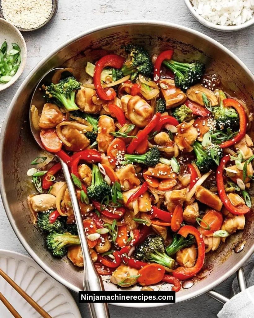 Colorful chicken stir fry with fresh vegetables in a skillet