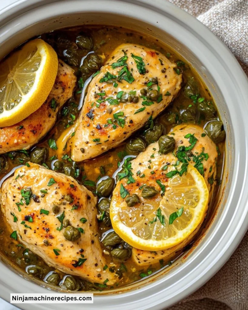 Crockpot Chicken Piccata dish with lemon and capers served on a plate