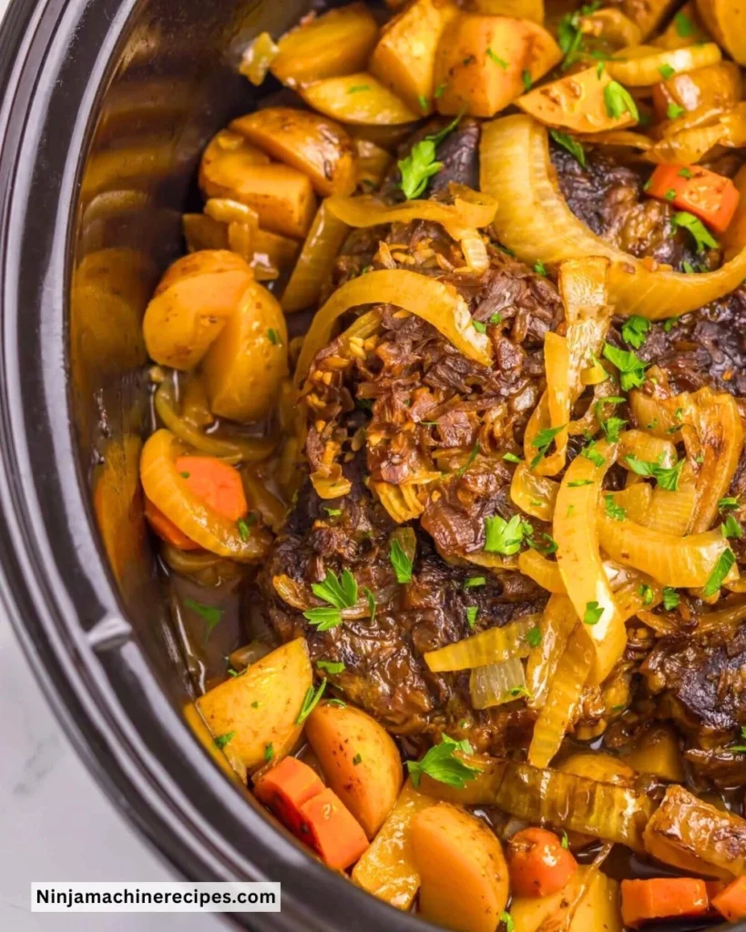 Delicious Crockpot French Onion Pot Roast served with caramelized onions