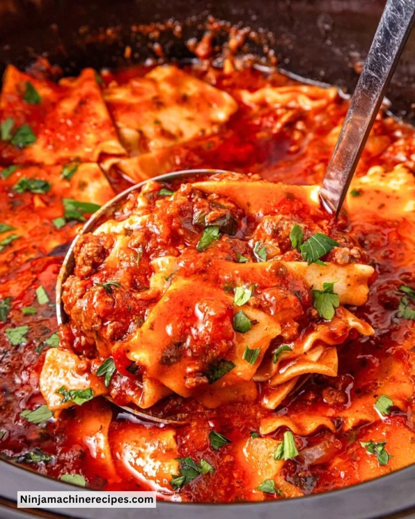 Bowl of Crockpot Lasagna Soup topped with cheese and fresh herbs
