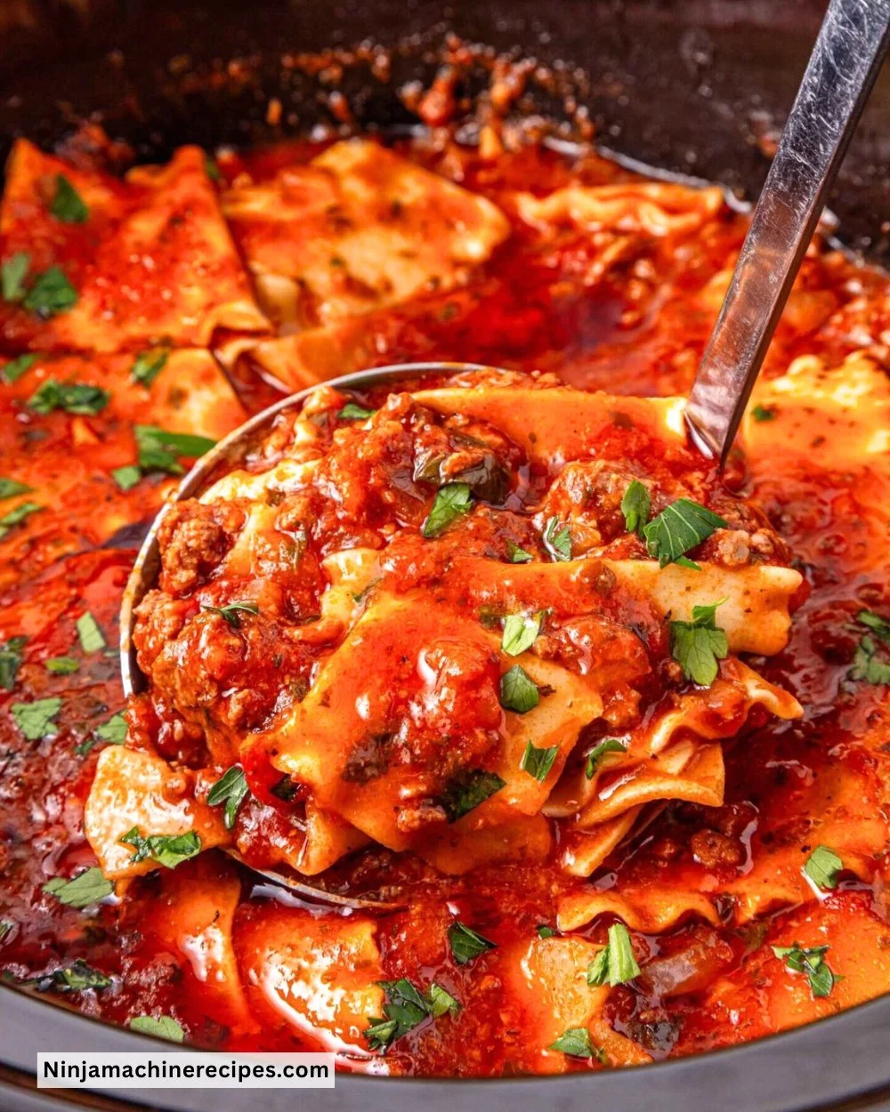 Bowl of Crockpot Lasagna Soup topped with cheese and fresh herbs