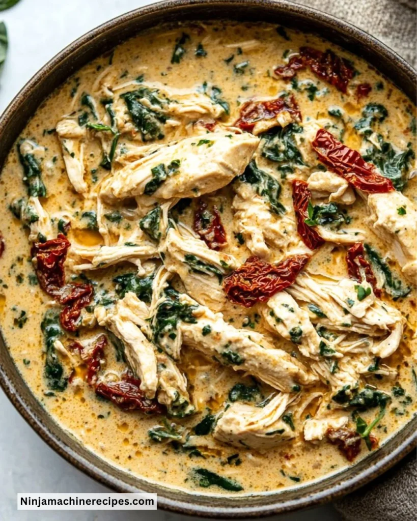 Delicious Crockpot Tuscan Chicken served on a plate with herbs and vegetables.