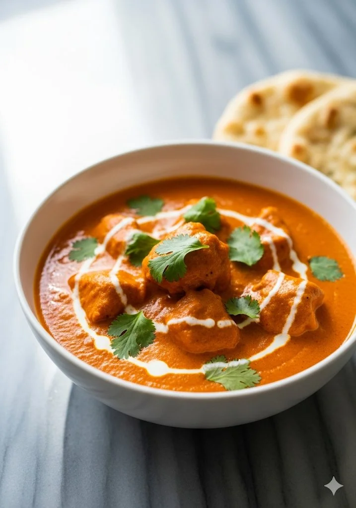 Delicious easy homemade butter chicken served with rice and naan bread