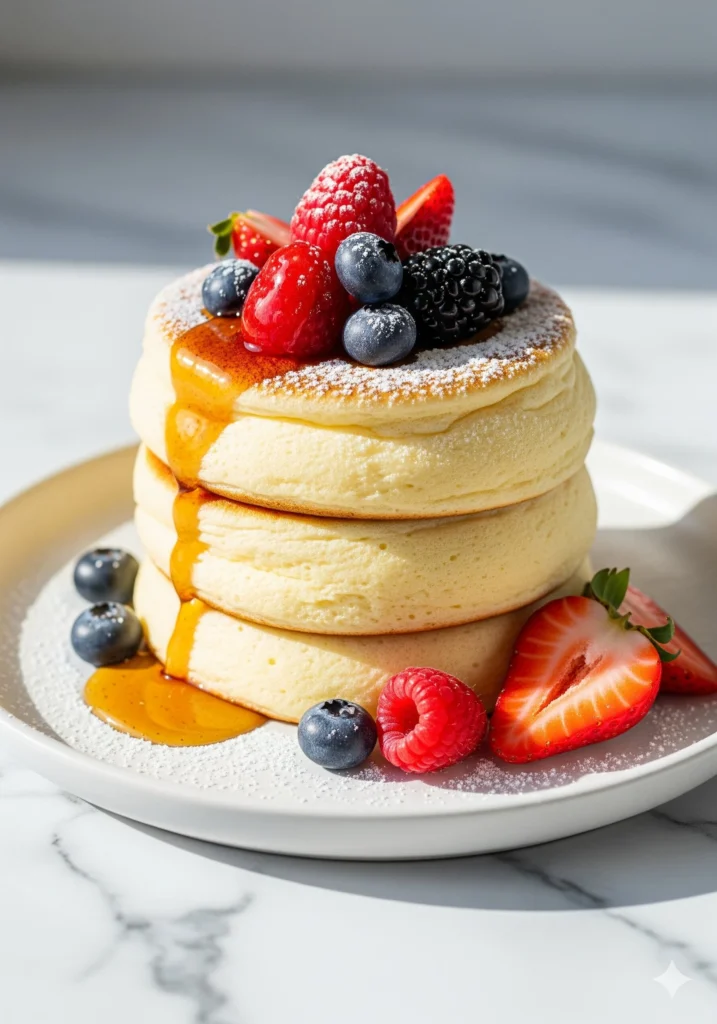 Fluffy Japanese soufflé pancakes topped with syrup and berries on a plate