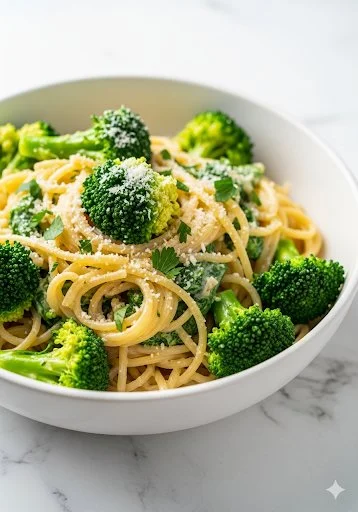 Plate of light and healthy broccoli pasta for dinner