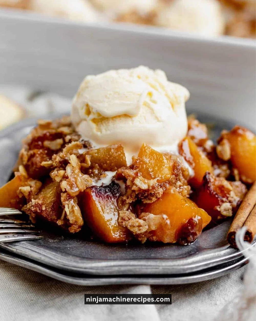 Delicious baked peach apple crisp dessert topped with golden crumble