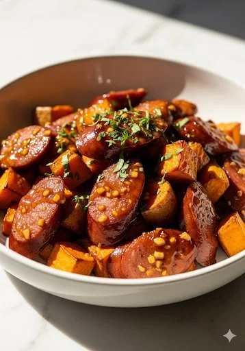 Sausage and sweet potatoes with honey garlic sauce on a plate