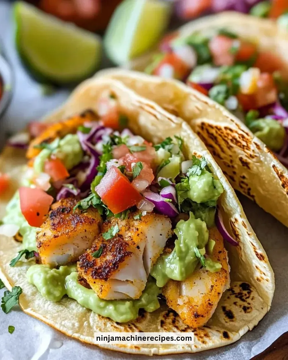 Delicious Baja Fish Tacos served with fresh ingredients and vibrant toppings.