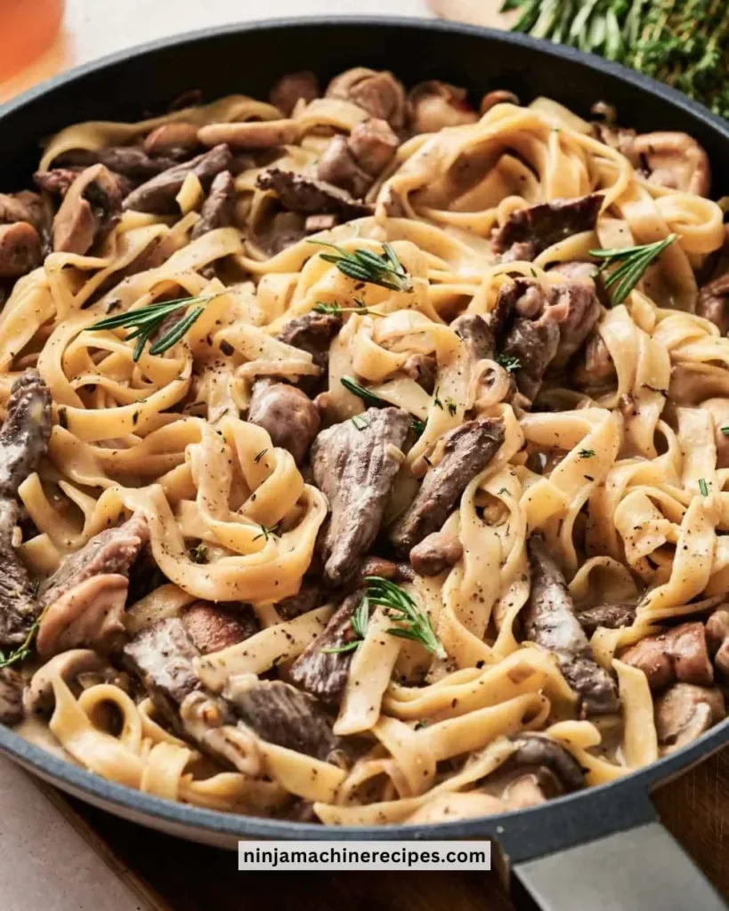 Delicious Beef Stroganoff in a creamy sauce served over egg noodles