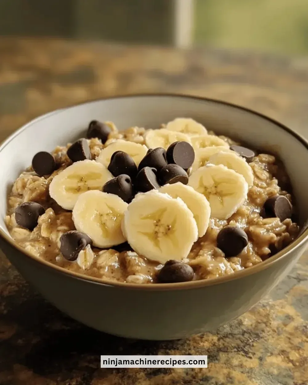 Bowl of banana chocolate chip oatmeal topped with fresh banana slices and chocolate chips