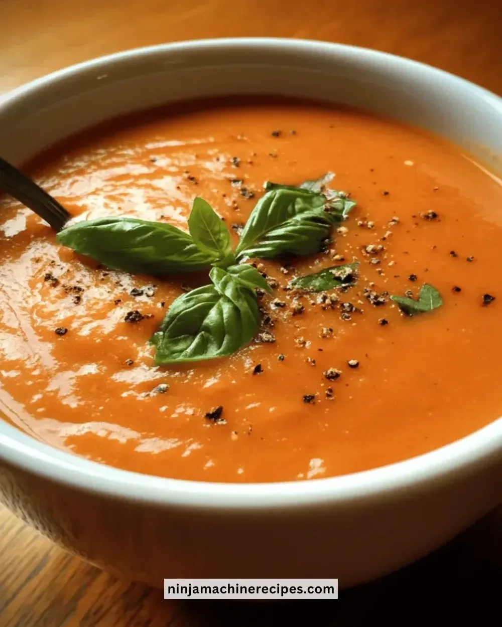 A bowl of rich and creamy tomato soup garnished with fresh herbs