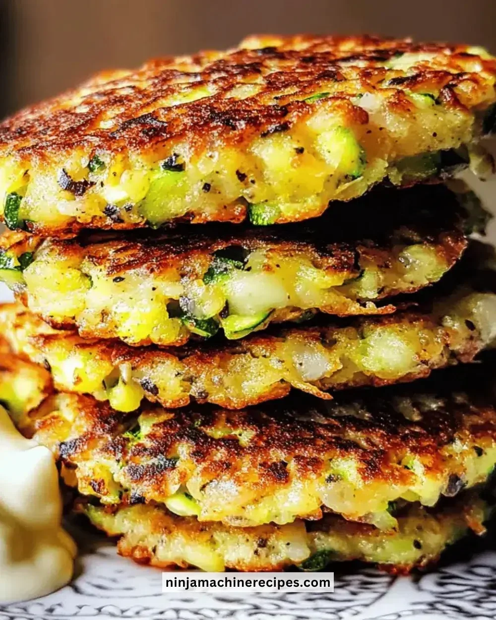 Delicious crispy zucchini fritters served on a plate with dipping sauce
