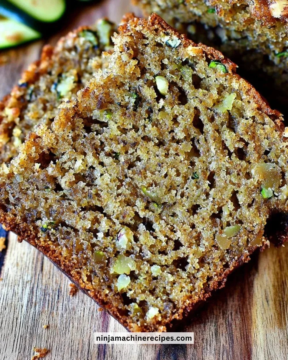 Slice of best ever zucchini walnut bread with walnuts and zucchini visible