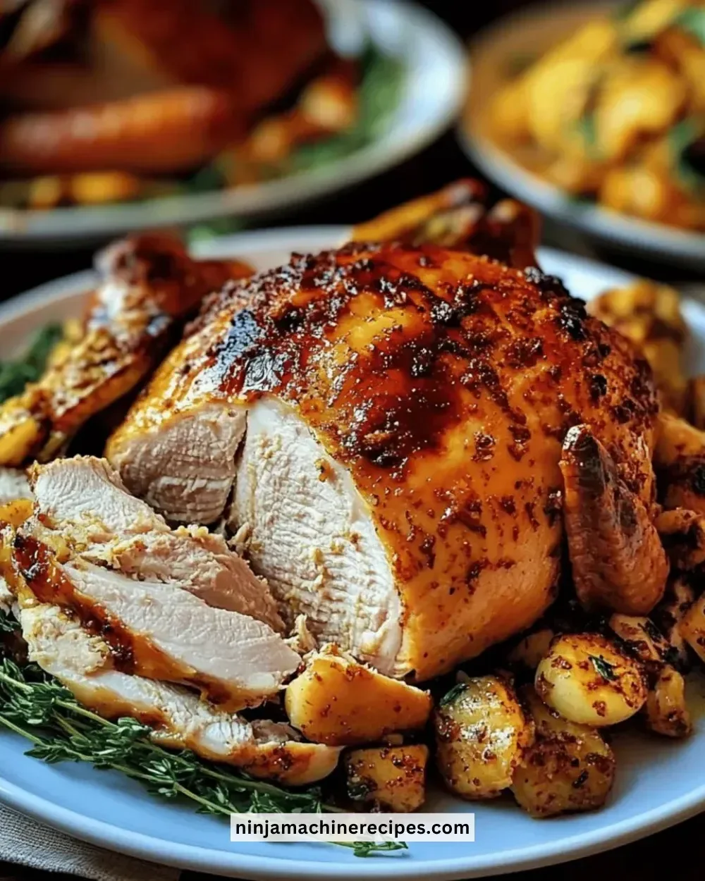 Golden roasted turkey served at a festive feast with garnish