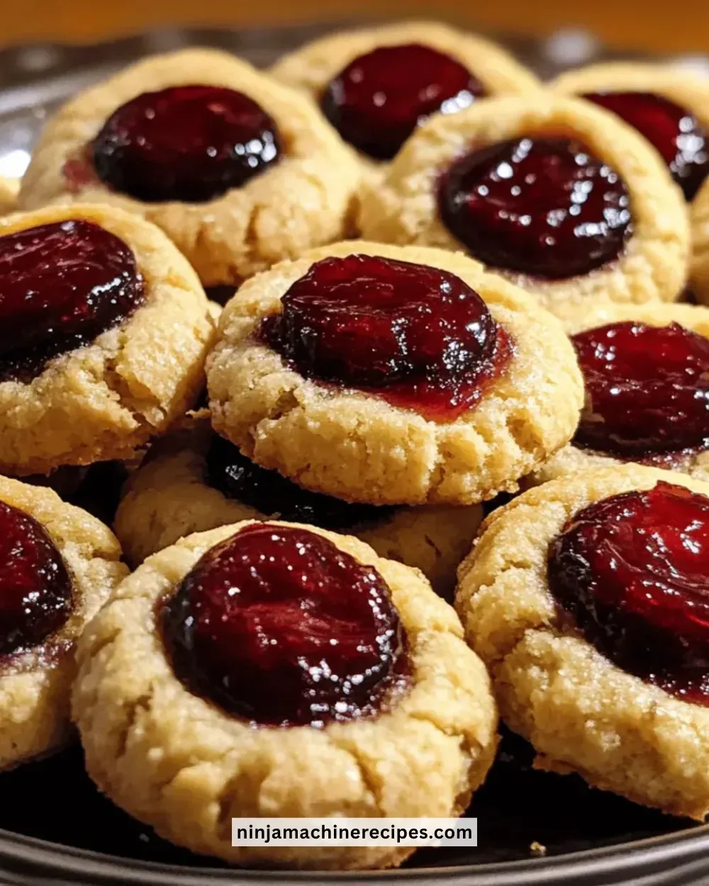 Plate of delicious thumbprint cookies filled with colorful jam