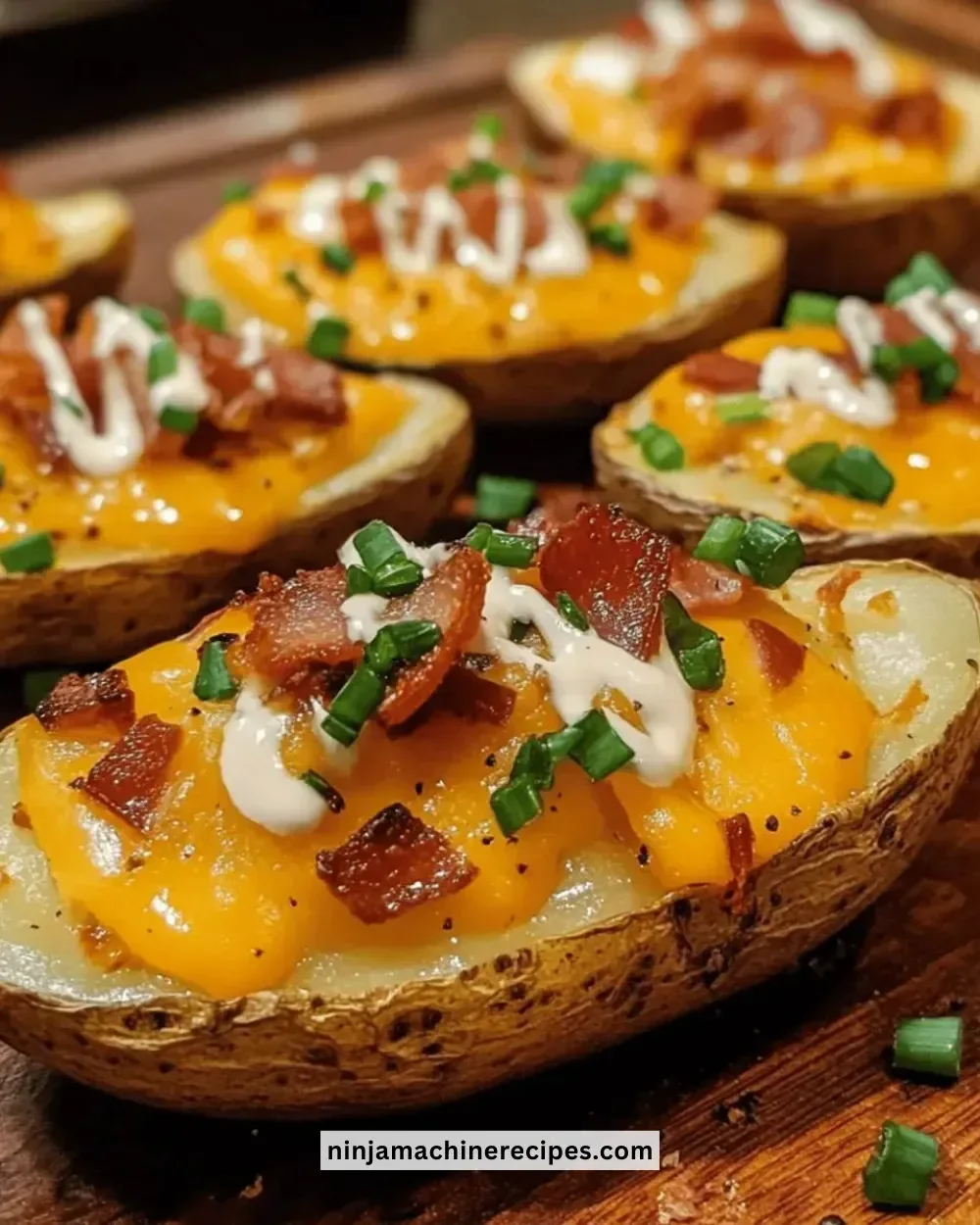 Deliciously topped loaded potato skins with melted cheese and bacon