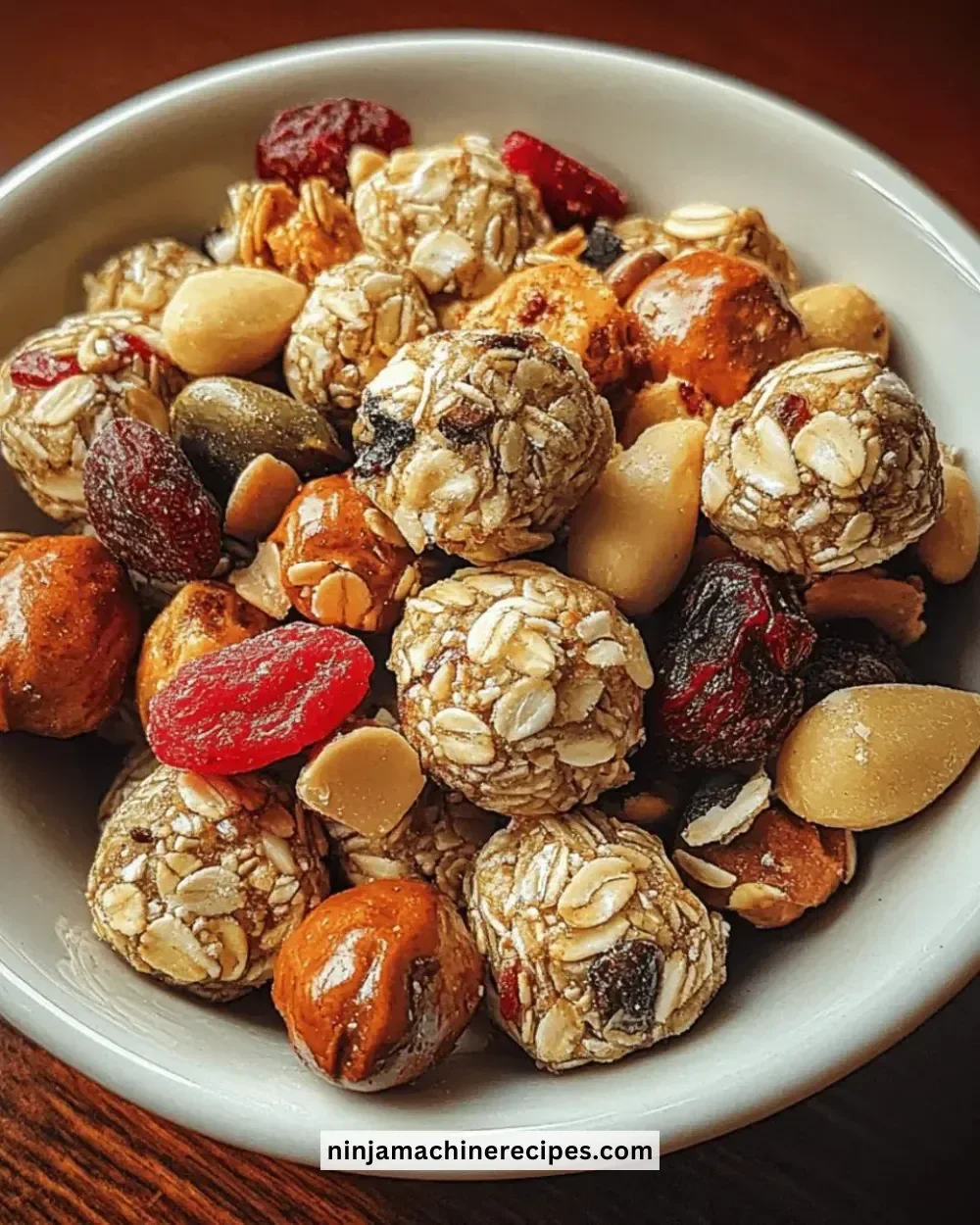 Healthy trail mix energy bites with nuts, seeds, and dried fruits