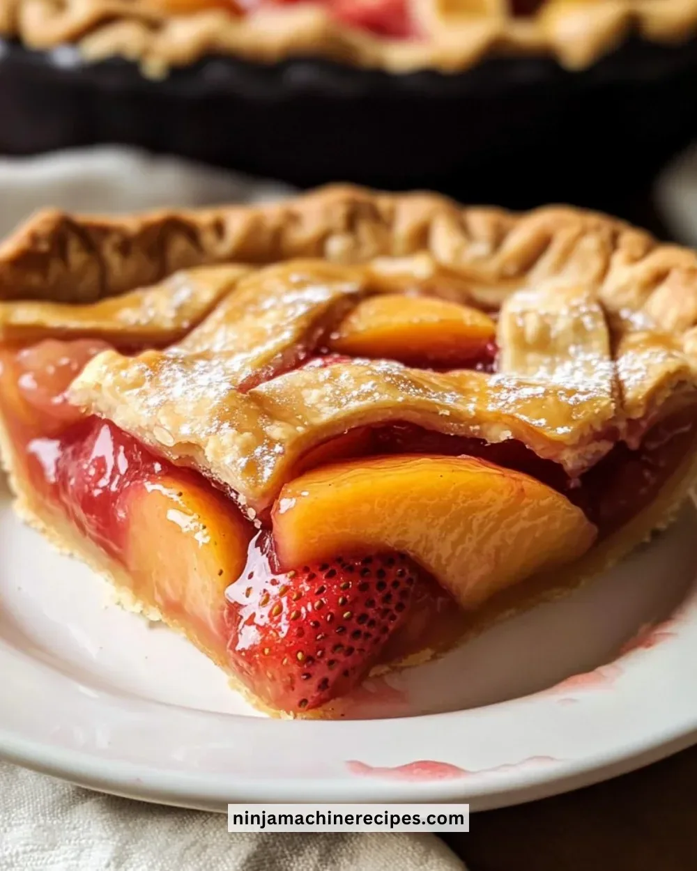Brown Butter Strawberry Peach Pie garnished with fresh strawberries and peaches
