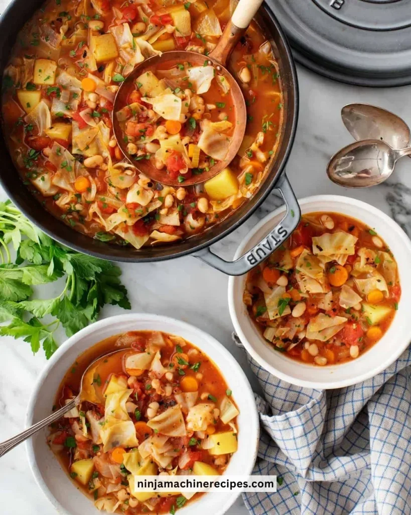 A bowl of healthy cabbage soup garnished with herbs and vegetables.