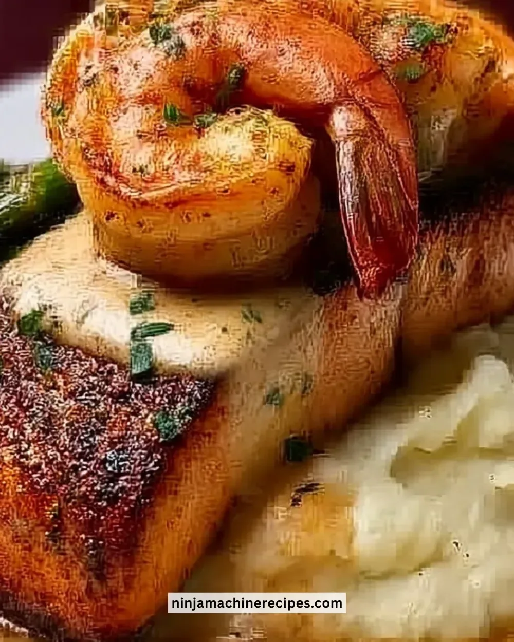Cajun salmon and shrimp dish with creamy mashed potatoes on a plate