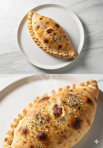 Homemade calzone filled with cheese and vegetables on a wooden table.