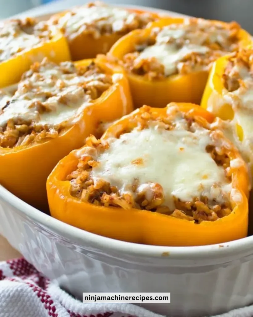 Chicken and rice stuffed peppers baked to perfection, topped with cheese