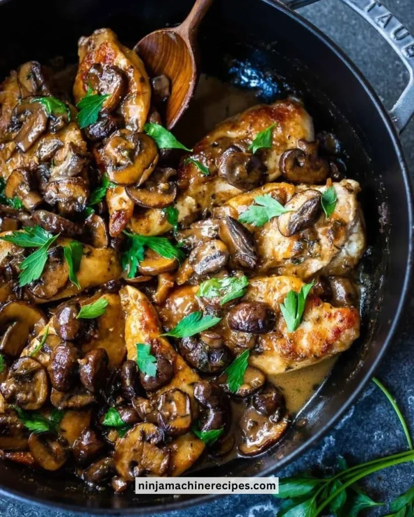 Plate of Chicken Marsala served with herbs and mushrooms