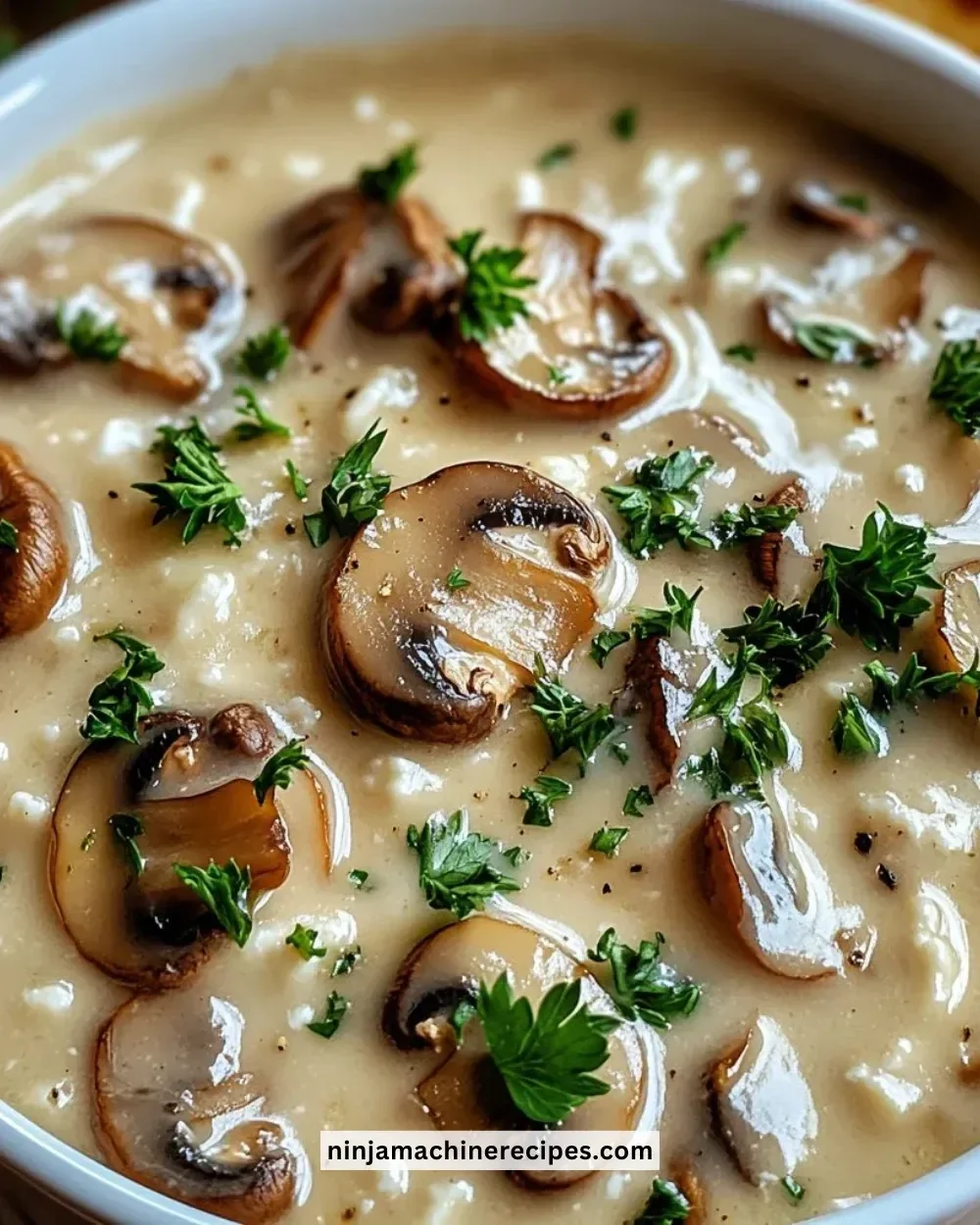 Bowl of Cottage Cheese Mushroom Soup garnished with herbs