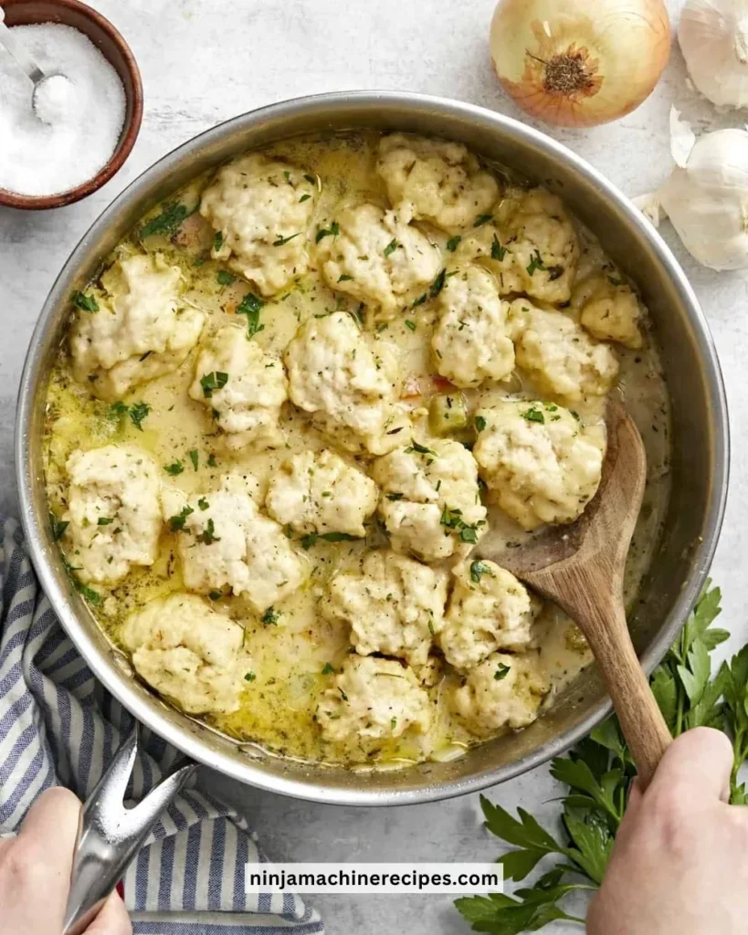 Bowl of creamy chicken and dumplings topped with parsley.