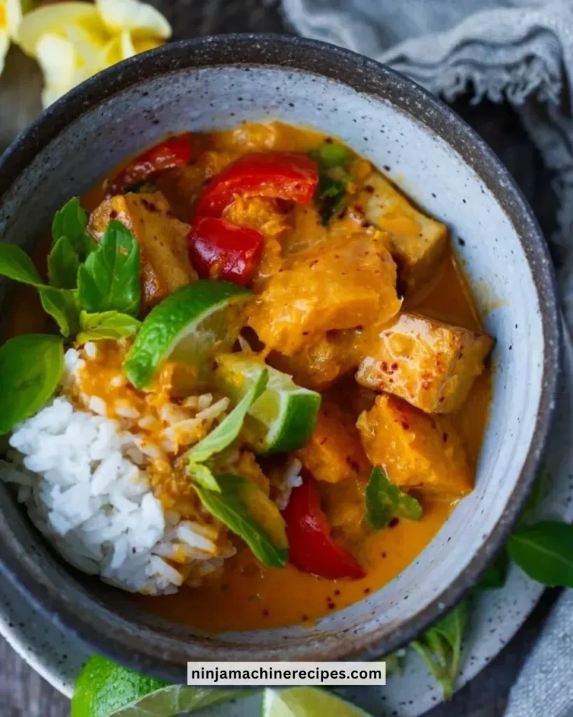 Delicious creamy pumpkin curry in a bowl, garnished with fresh herbs.