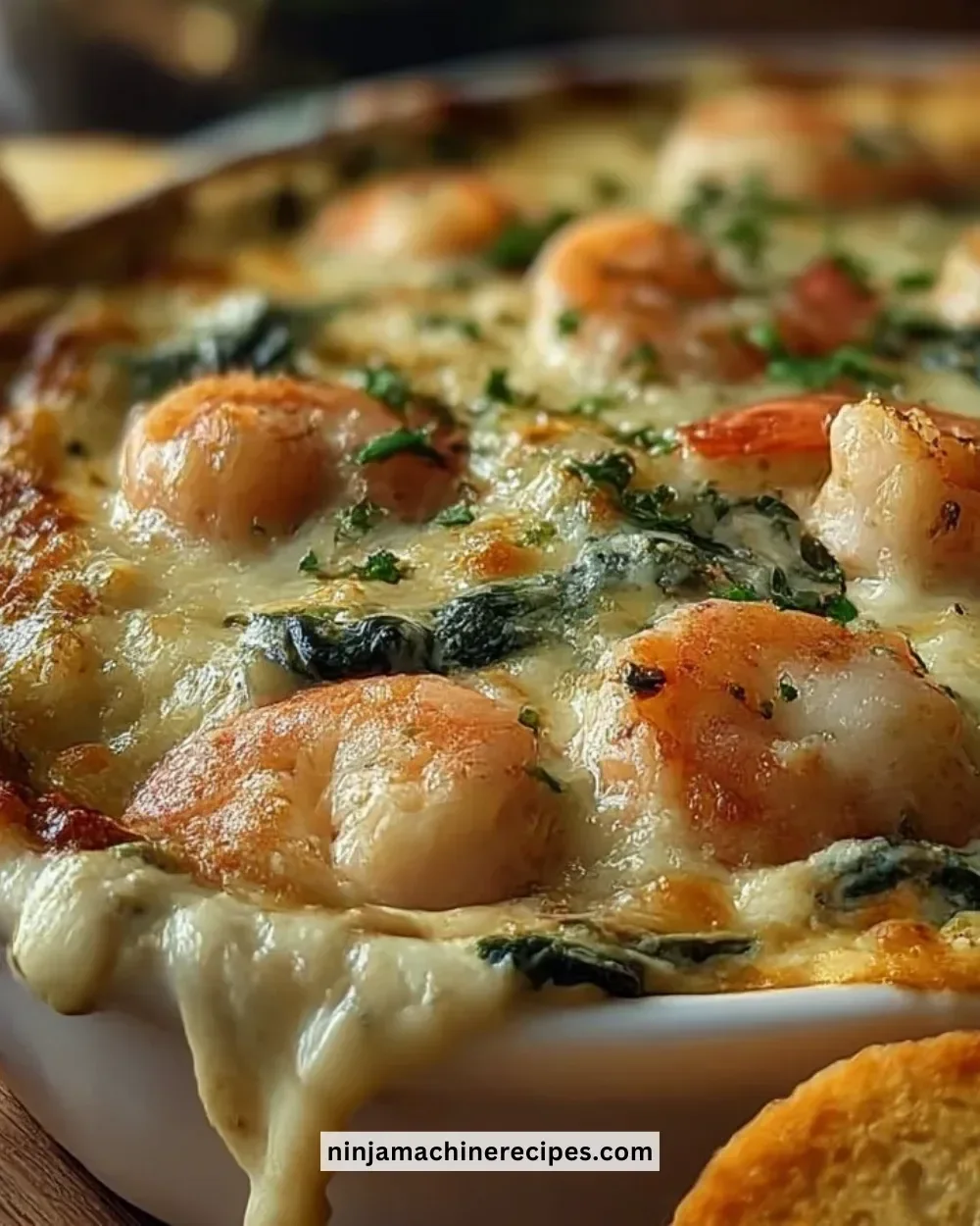 Creamy shrimp crab spinach dip served in a bowl with fresh herbs.