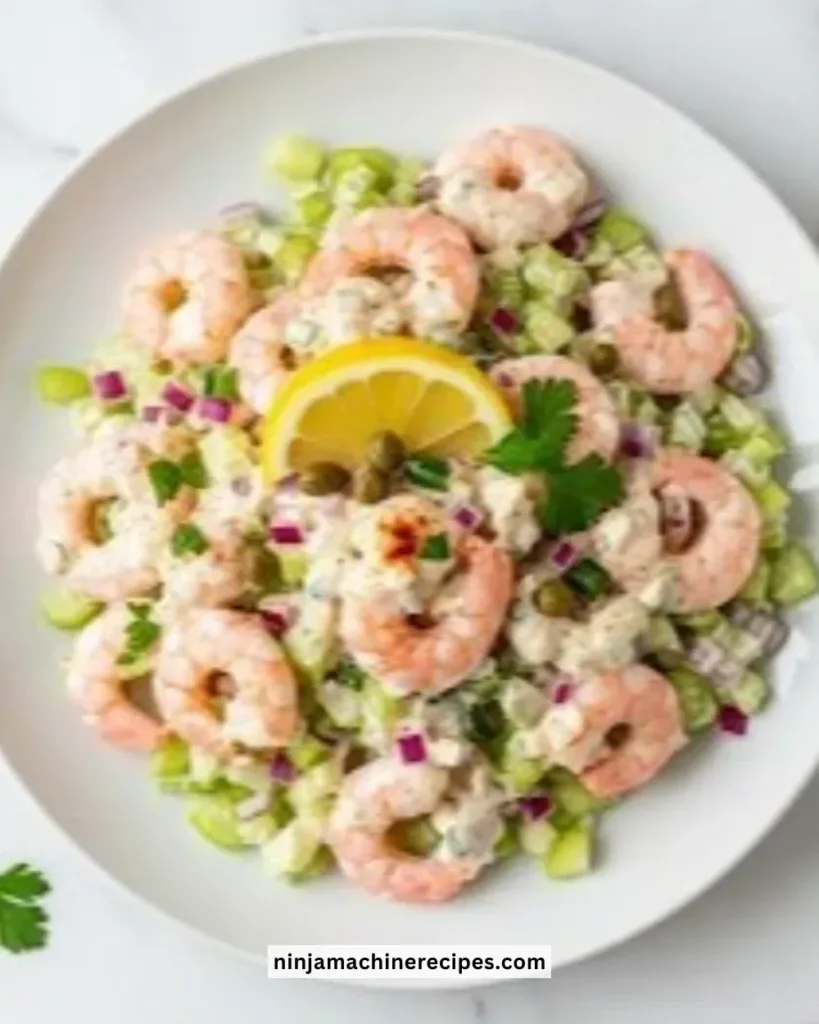 Delicious creamy shrimp remoulade salad served in a bowl with fresh ingredients.