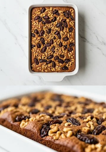 Delicious Date and Walnut Traybake cake sliced on a wooden table.