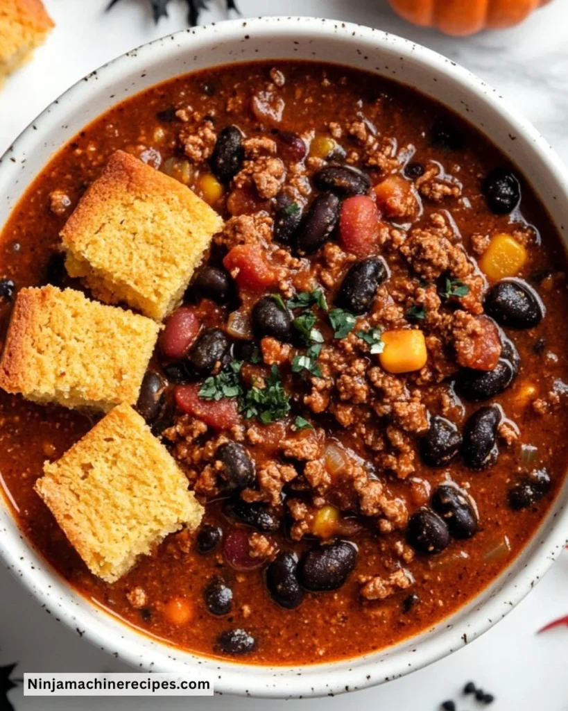 Bowl of homemade Devil's Chili garnished with fresh herbs and spices