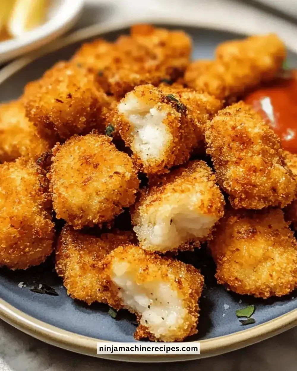 Plate of crispy baked fish nuggets served with dipping sauce
