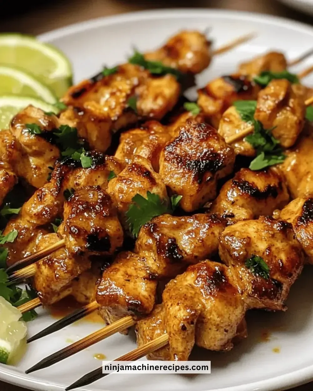 Easy chicken satay skewers served with peanut sauce and garnished with lime.