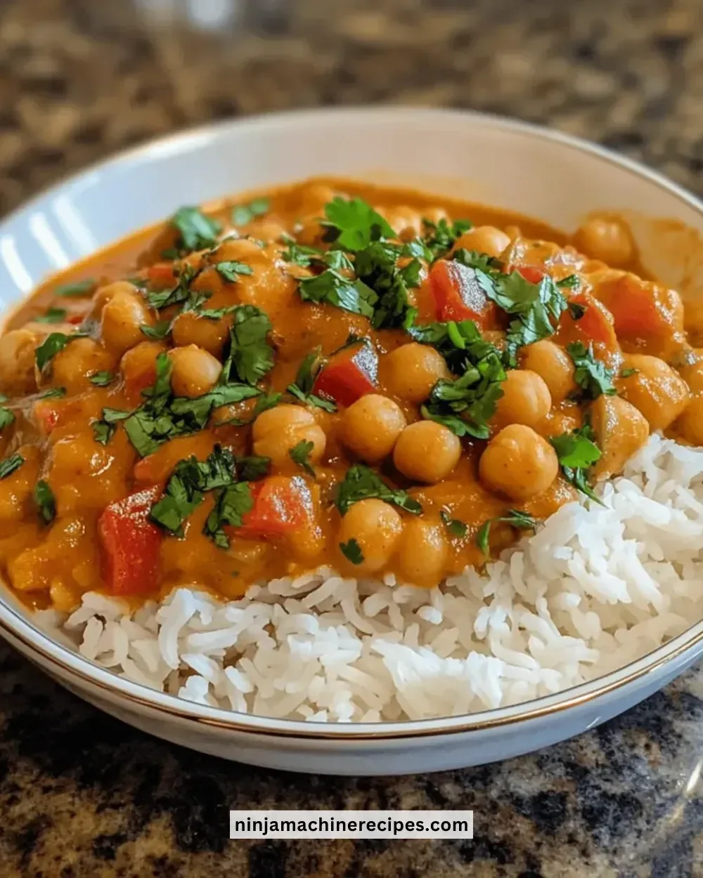 Bowl of easy chickpea curry garnished with fresh herbs and spices