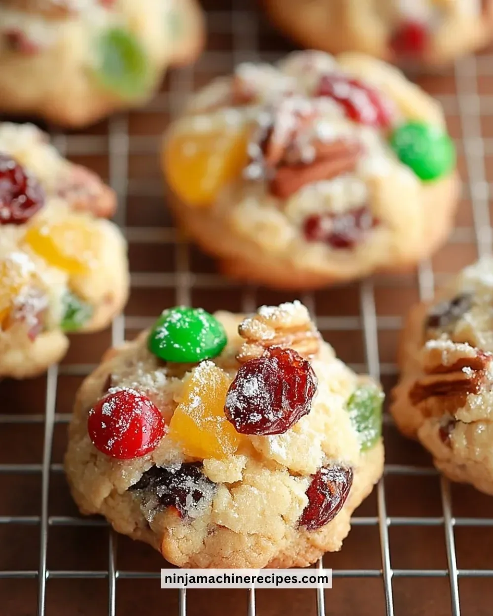 Plate of easy Christmas fruitcake cookies with festive decorations