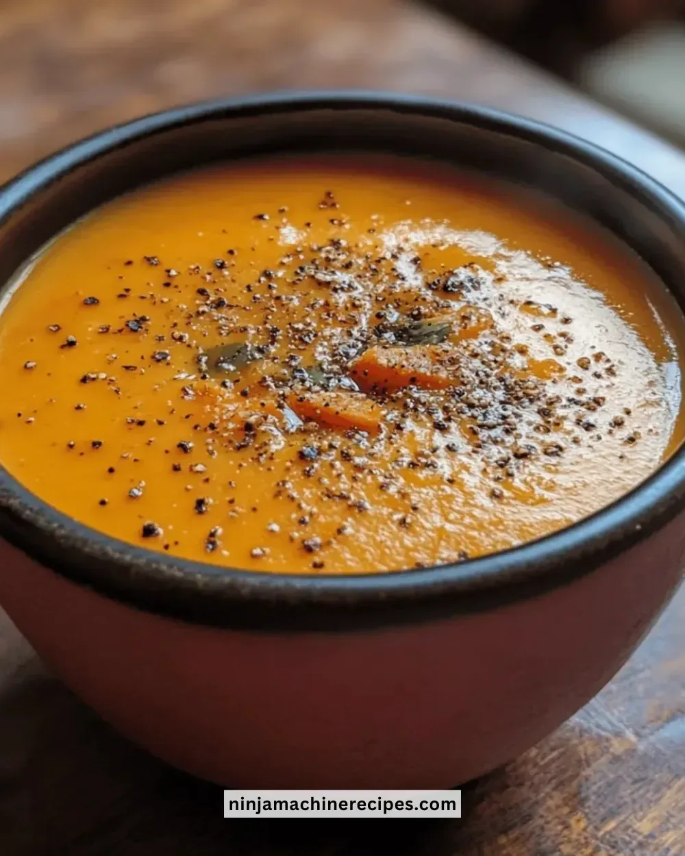 Bowl of easy creamy carrot ginger soup garnished with herbs