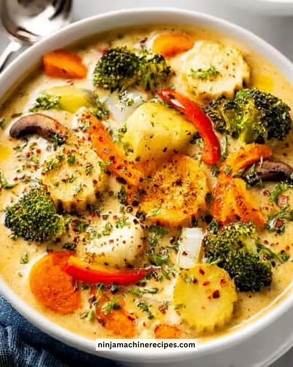 Bowl of creamy vegetable soup topped with fresh herbs and vegetables