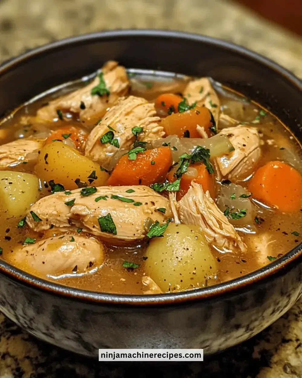 Bowl of easy Crockpot Chicken Stew with vegetables and herbs