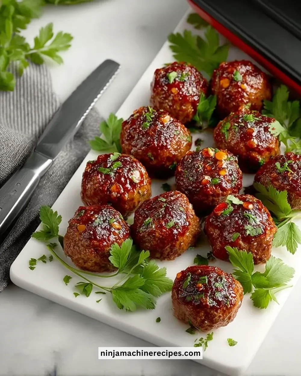 Crockpot sweet chili meatballs in a serving dish garnished with green onions.