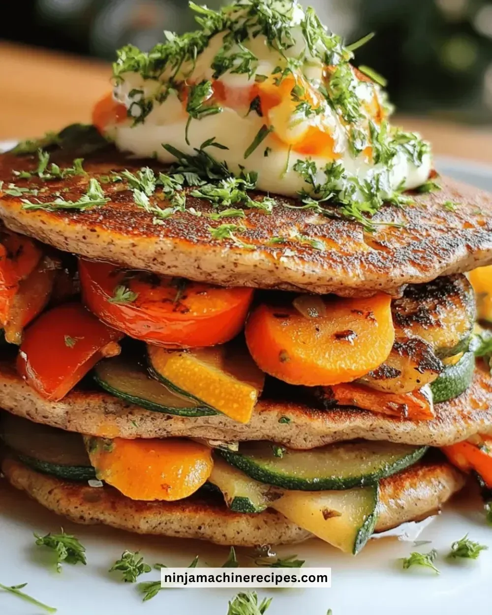 Plate of easy gluten-free buckwheat veggie pancakes with fresh toppings.
