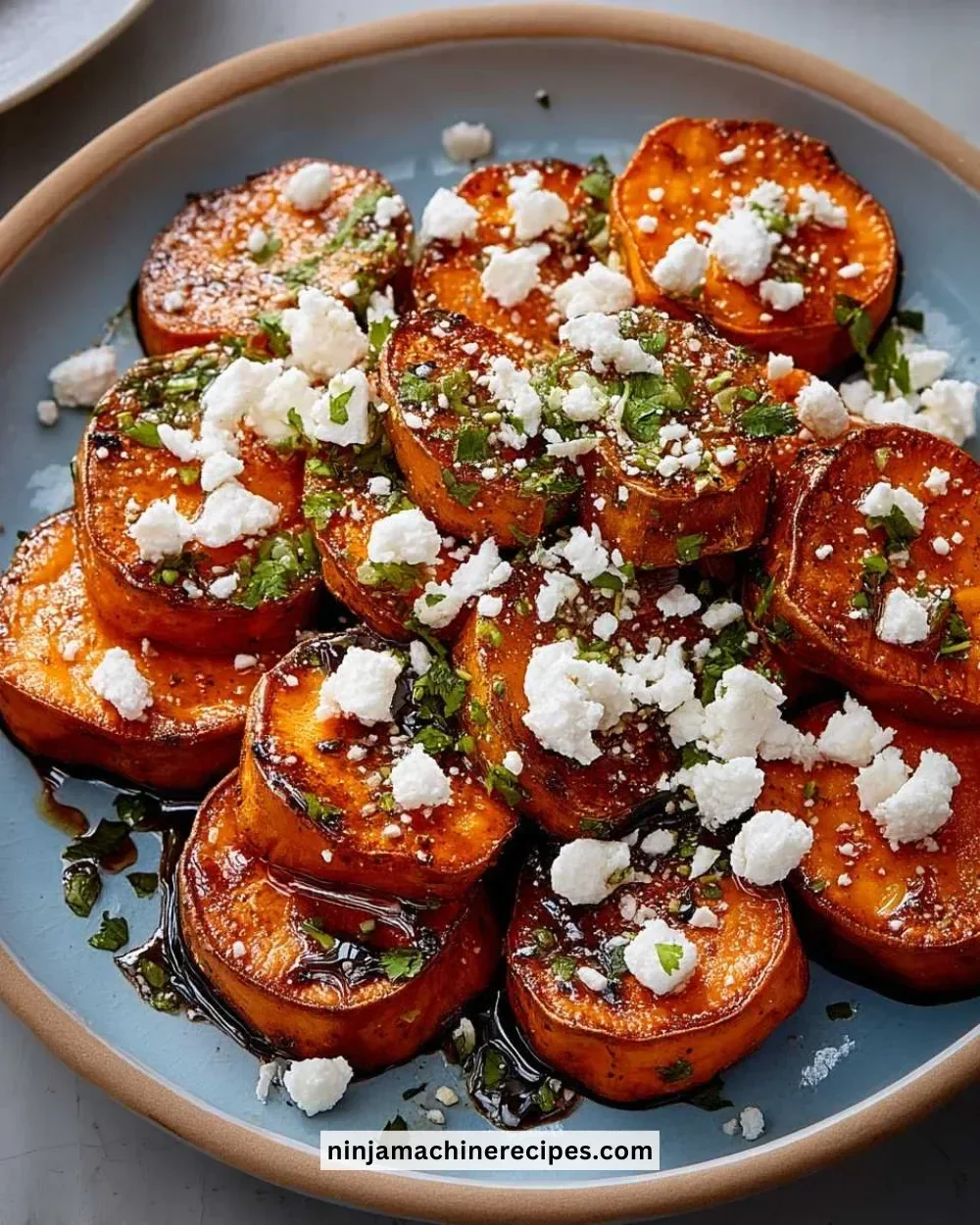Delicious honey feta sweet potato rounds on a serving platter