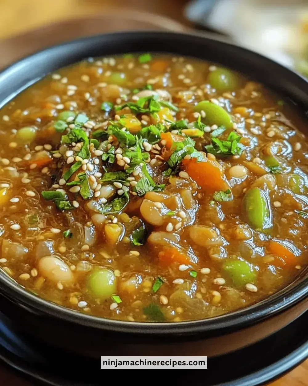 Delicious Easy Instant Pot Mung Bean Stew garnished with fresh herbs.
