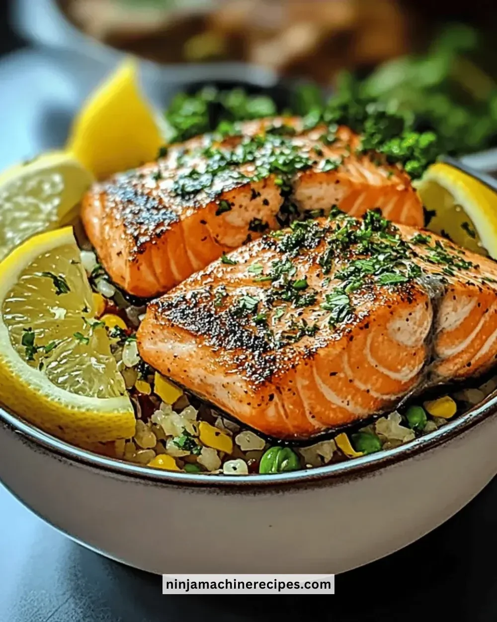 Easy lemon herb salmon bowls served with fresh vegetables and lemon slices