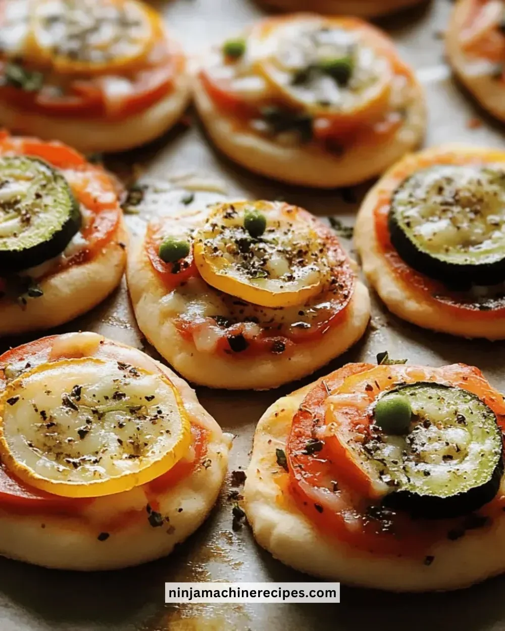Delicious easy mini veggie pizzas topped with colorful vegetables.