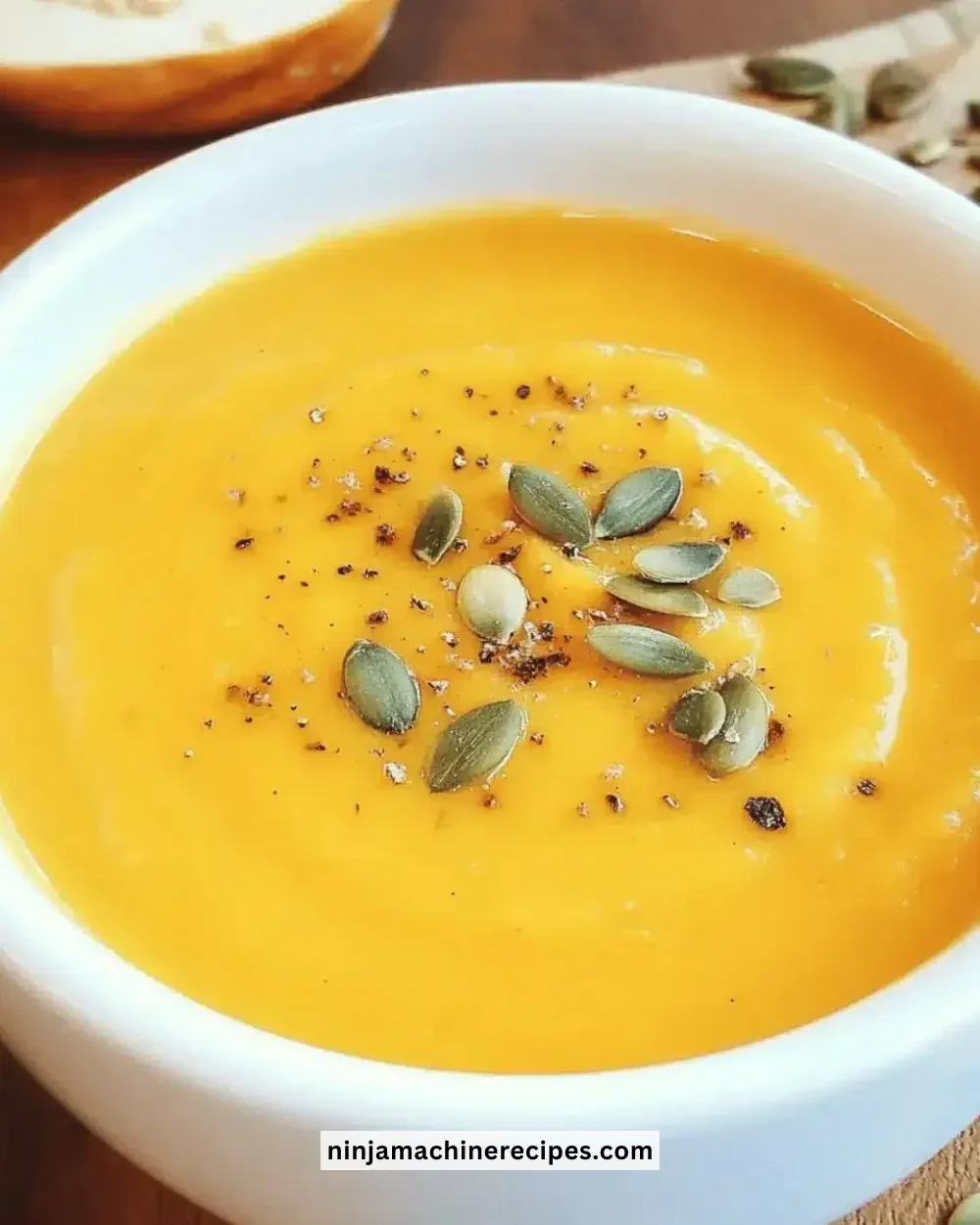 Bowl of Easy Panera Autumn Squash Soup garnished with herbs and spices